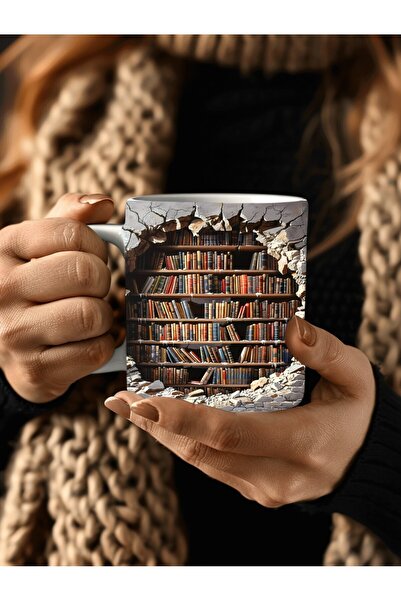Evion كوب سيراميك بتصميم ثلاثي الأبعاد مطبوع عليه مكتبة خزانة الكتب - كوب هدية
