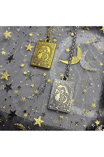 Atelier Nui Tarot Kartları The World Charm Kolye /Dünya Tarot Kartı Celık Kolye Ay yıldız kese hediyeli