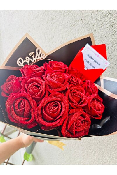 eflatunhediyelik 13 Adet Simli Bride Taçlı Yapay Gül Buketi