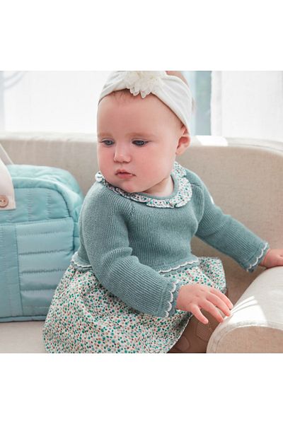MAYORAL Mint Colored Baby Girl Floral Print Knitwear Dress - Long Sleeve L25K2886