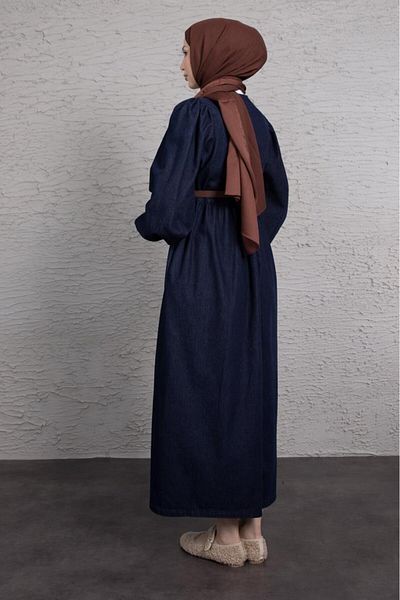 Lamia Giyim Metallic Buttons Crew Neck Jean Hijab Dress Navy