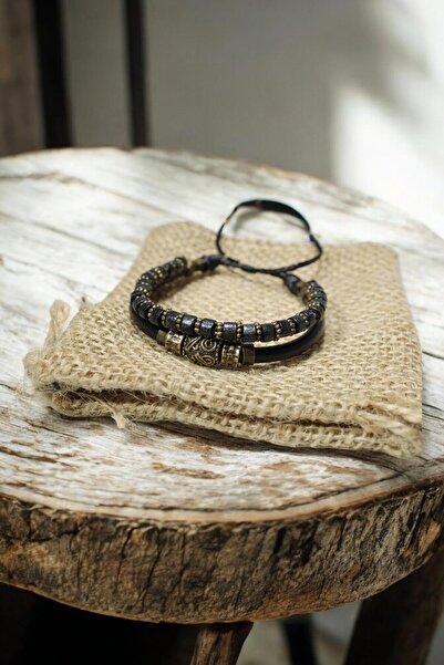 DEHNA Pirinç Antik Desenli Metal Figürlü -Siyah Deri ve Siyah Ahşap Boncuklu ...