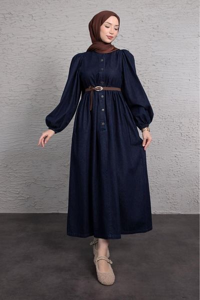 Lamia Giyim Metallic Buttons Crew Neck Jean Hijab Dress Navy