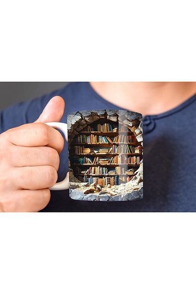 Evion كوب سيراميك بتصميم ثلاثي الأبعاد مطبوع عليه مكتبة خزانة الكتب - كوب هدية