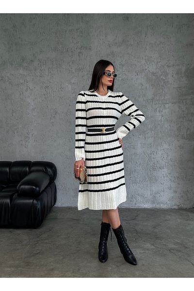 Elilook Women's Striped Pleated Waist-Seated Knitwear Dress