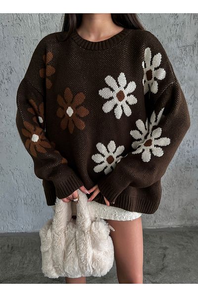 Elilook Дамски мек пуловер от трикотаж с флорални шарки и жакард