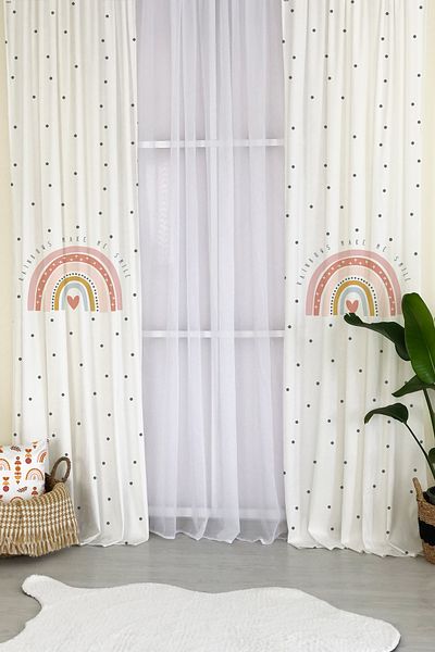 Lolla Rainbow Patterned White Background Curtain 166