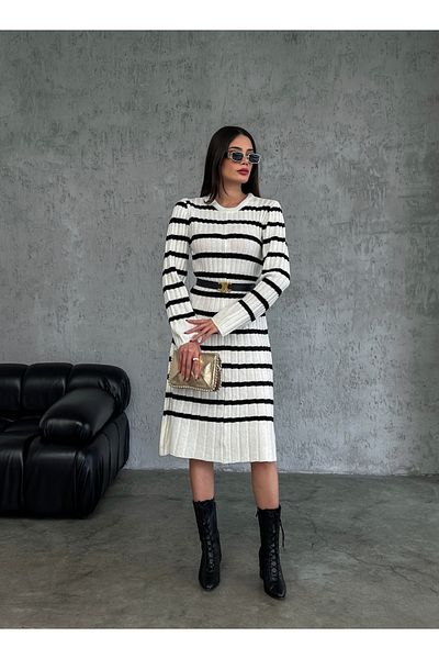 Elilook Women's Striped Pleated Waist-Seated Knitwear Dress