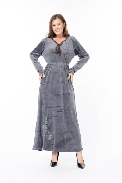 mervemoda Women's Long Sleeve Velvet Dress