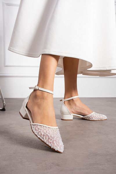 Almera's Shoes Pantofi de 3 cm cu paiete brodate din plasă de culoare perlă