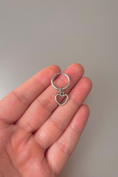 Jaida Moda Unisex Silver Heart Figured Dangle Steel Hoop Earrings