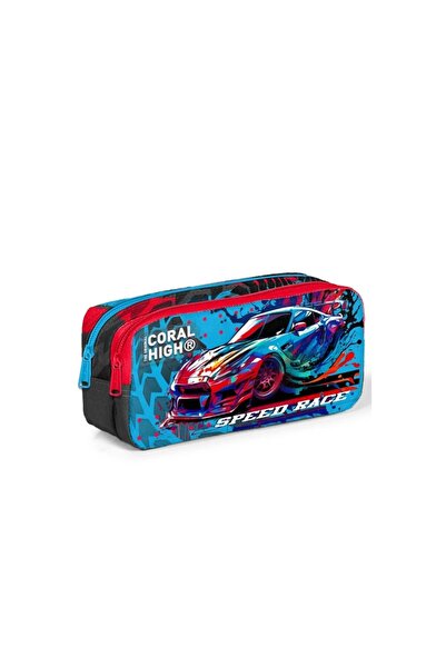 Coral High 12085 GRİ MAVİ YARIŞ ARABASI DESENLİ İKİ BÖLMELİ KALEM ÇANTASI