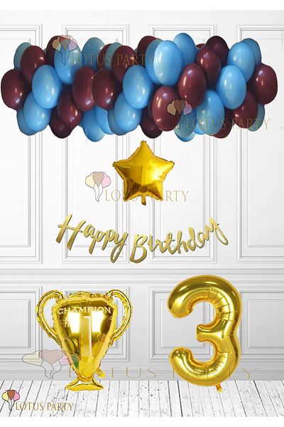 LOTUS PARTY Burgundy Blue Balloon Fan Birthday Set - Mug Foil Balloon - Age 3
