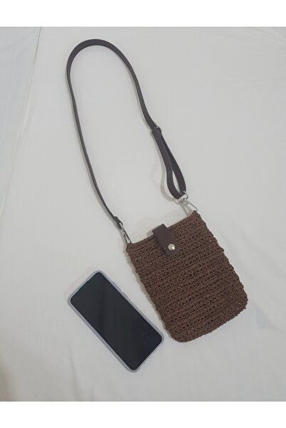 Tasarım El Yapımı Örgü Telefon Çantası Kahverengi Deri Askılı