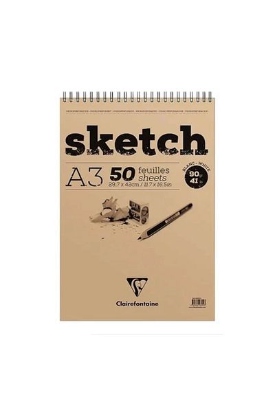 Clairefontaine ESMO EL96160 - CLAİREFONTAINE IVORY A3 Sketch Block Drawing Notebook, Top Spiral, 90 gr.50 YP