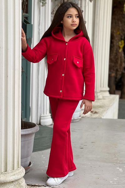 ELAFOR 3 Thread Raised Winter Wide Leg Bottom Top Girl's Tracksuit Set with Fleece Inside