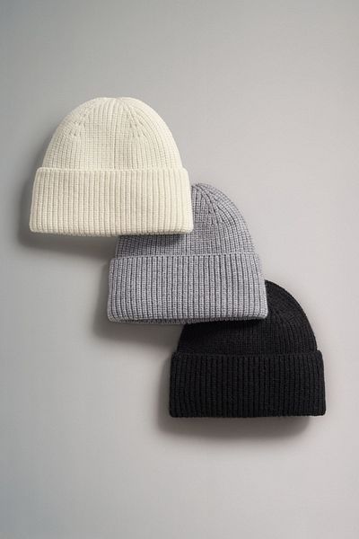 Pissos Winter Plain Knitted 3-Pack Beanie Premium Hat Set (Black-Grey-Ecru)