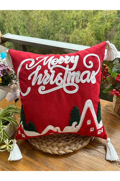 en gözde home New Year Christmas Themed Punch Embroidered Throw Pillow Cover