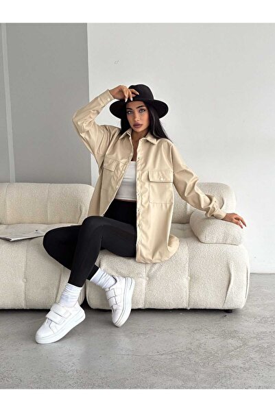 İnfome Kadın Bej Deri Gömlek Oversize