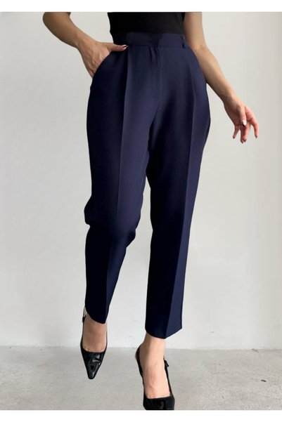 Heyya Women's Narrow Leg Pleated Ankle Length Navy Blue Fabric Trousers
