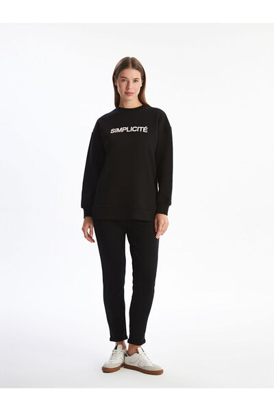 LC Waikiki Black Crew Neck Printed Women's Thick Sweatshirt Tunic