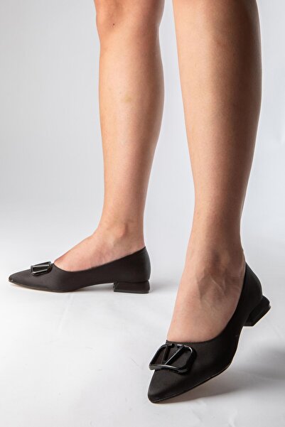 Brave Balerini negri cu vârf ascuțit din material confortabil - cu cataramă