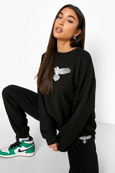 Frisson Women's Eagle Printed Sweatshirt Tracksuit Bottom-Top Set