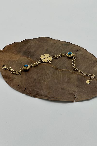 Hobimos 316L Steel Gold Color Clover Model Evil Eye Bead Detailed Women's Bracelet