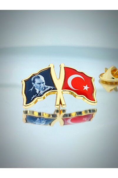 YÖRÜK TASARIM Türk Bayrağı & Atatürk Altın Kaplama Mineli  Döküm Yaka Rozeti