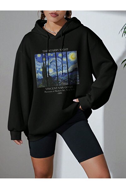 Mythologie Starry Night 1889 Sweatshirt - Black Printed Oversize Hooded Hoodie