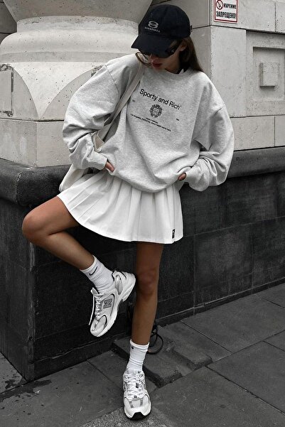 Mythologie Sporty and Rich Sweatshirt - Gray Printed Oversize Raised Crew Neck