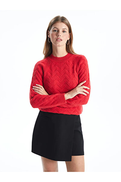LC Waikiki LCWAIKIKI Basic Kırmızı Bisiklet Yaka Kendinden Desenli Kadın Triko Kazak