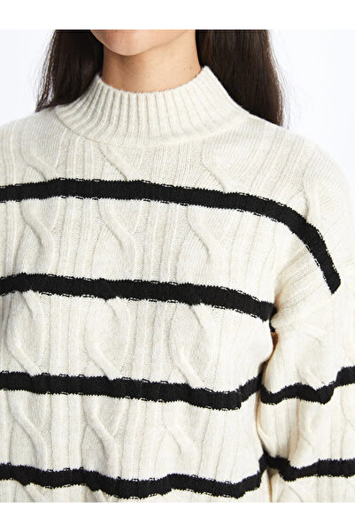 LC Waikiki LCW Vision Ekru Yarım Balıkçı Yaka Çizgili Uzun Kollu Kadın Triko Kazak