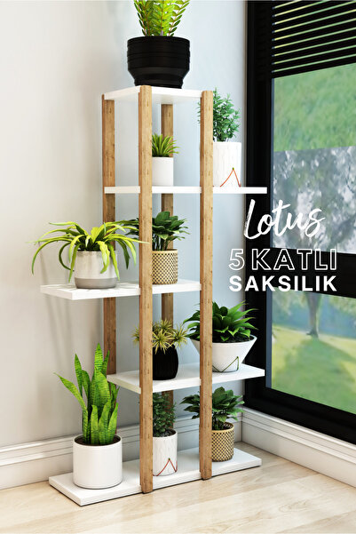 Jest Dekor Konsept Lotus Beyaz Ahşap 5 Katlı Çiçeklik, Saksılık, Çiçek Standı, Dekoratif Raf / Çok Amaçlı Kullanım