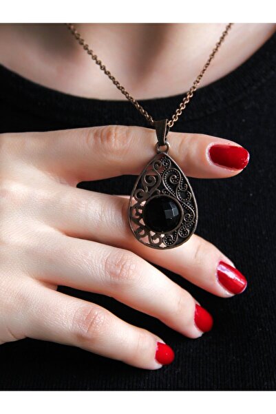 esha Onyx Natural Stone Antique Model Women's Necklace - 40+5 cm Chain Euk24O