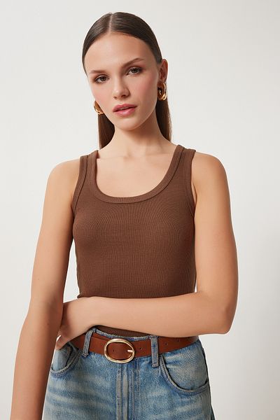 Lovelyİstanbul 2-Piece Ribbed Thick Strap Knitted Tank Top Brown Red Lhj0002