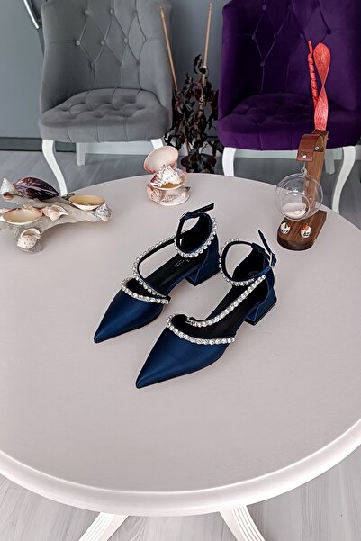 LA CALZATURE Navy Blue Satin Three Row Jewelled 2.5 cm Heeled Ballerina Eveni...