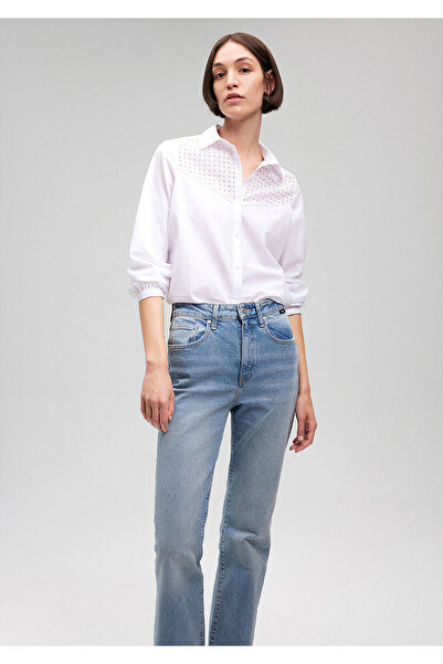 Mavi Dantel Detaylı Beyaz Gömlek Regular Fit / Normal Kesim 1210664-620