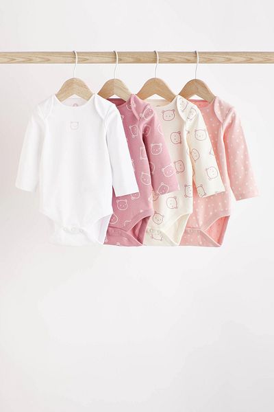 Next Baby 100% Organic Cotton Teddy Bear Patterned Long Sleeve 4-Piece Baby Bodysuit Alyd70079