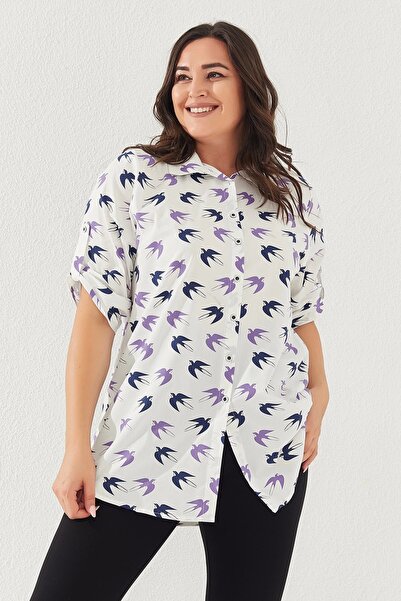 Lady Majestic Cămașă Plus Size, Bumbac Lycra, Popelin, Cu Motive