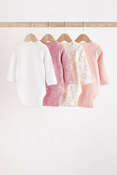 Next Baby 100% Organic Cotton Teddy Bear Patterned Long Sleeve 4-Piece Baby Bodysuit Alyd70079