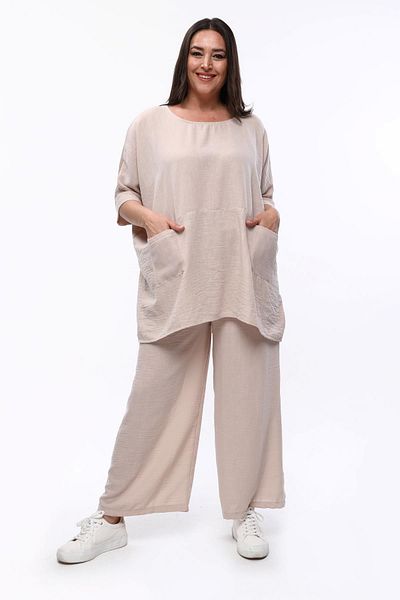 Ebsumu Γυναικεία Plus Size Extra Comfortable Fit Λινό Μπεζ Μπλούζα