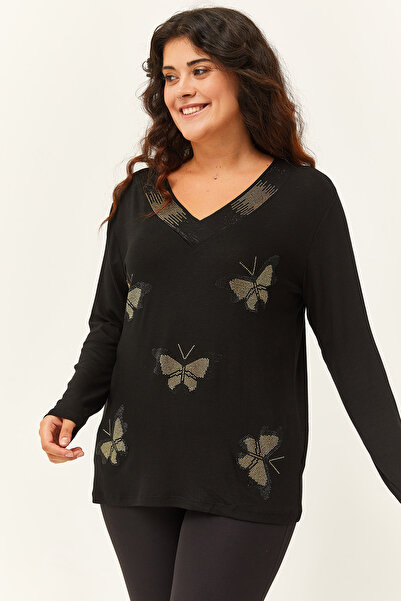 Ebsumu Kadın Büyük Beden Kelebek Gold Taş Baskılı Siyah Bluz