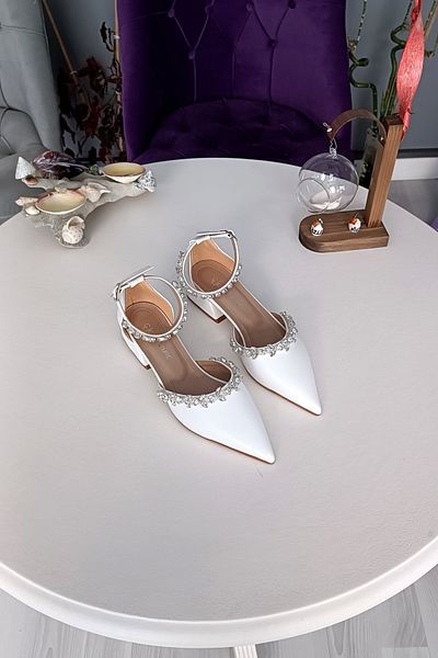 LA CALZATURE Piele Albă 2,5 Cm Toc Gleznă Curea Dublu Waterway Stone Pantofi Rochie De Mireasă Balerini De Damă