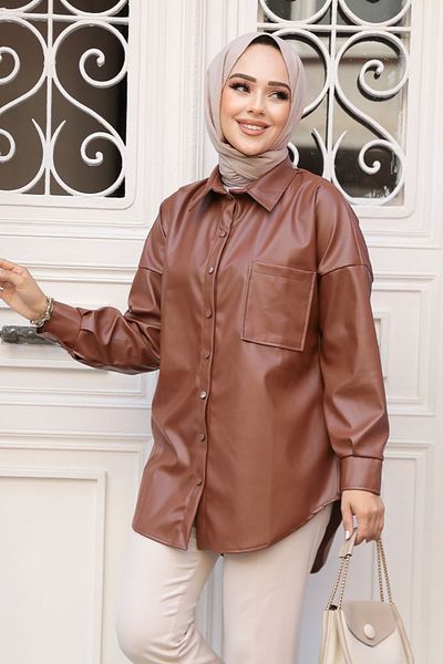 Neva Style Cămașă Hijab din piele maro cu nasturi 50931KH