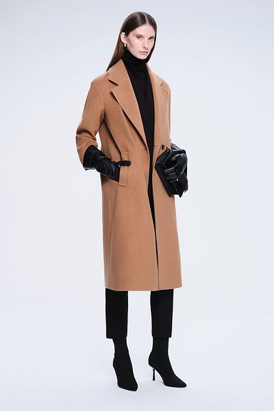 Hatemoğlu Saykı Woman Camel Regular Fit Plain Mono Collar Stamp Coat