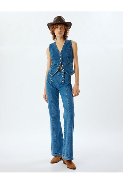 Koton High Waist Flared Leg Button Detailed Slim Jeans
