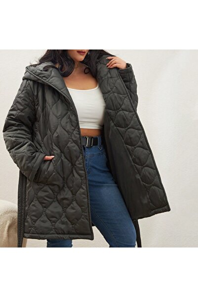 SERBA СИРНИЙ ДИЗАЙН З КАПЮШОНОМ, ВЕЛИКИЙ РОЗМІР, КАПІТОНОВИЙ ПАЛЬТО