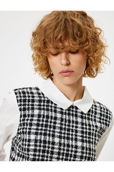 Koton Slim Fit Crop Μπλούζα με Tweed Λεπτομέρεια - Πουκάμισο γιακά