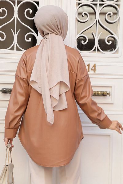 Neva Style Cămașă Hijab din piele maronie cu nasturi 50931TB